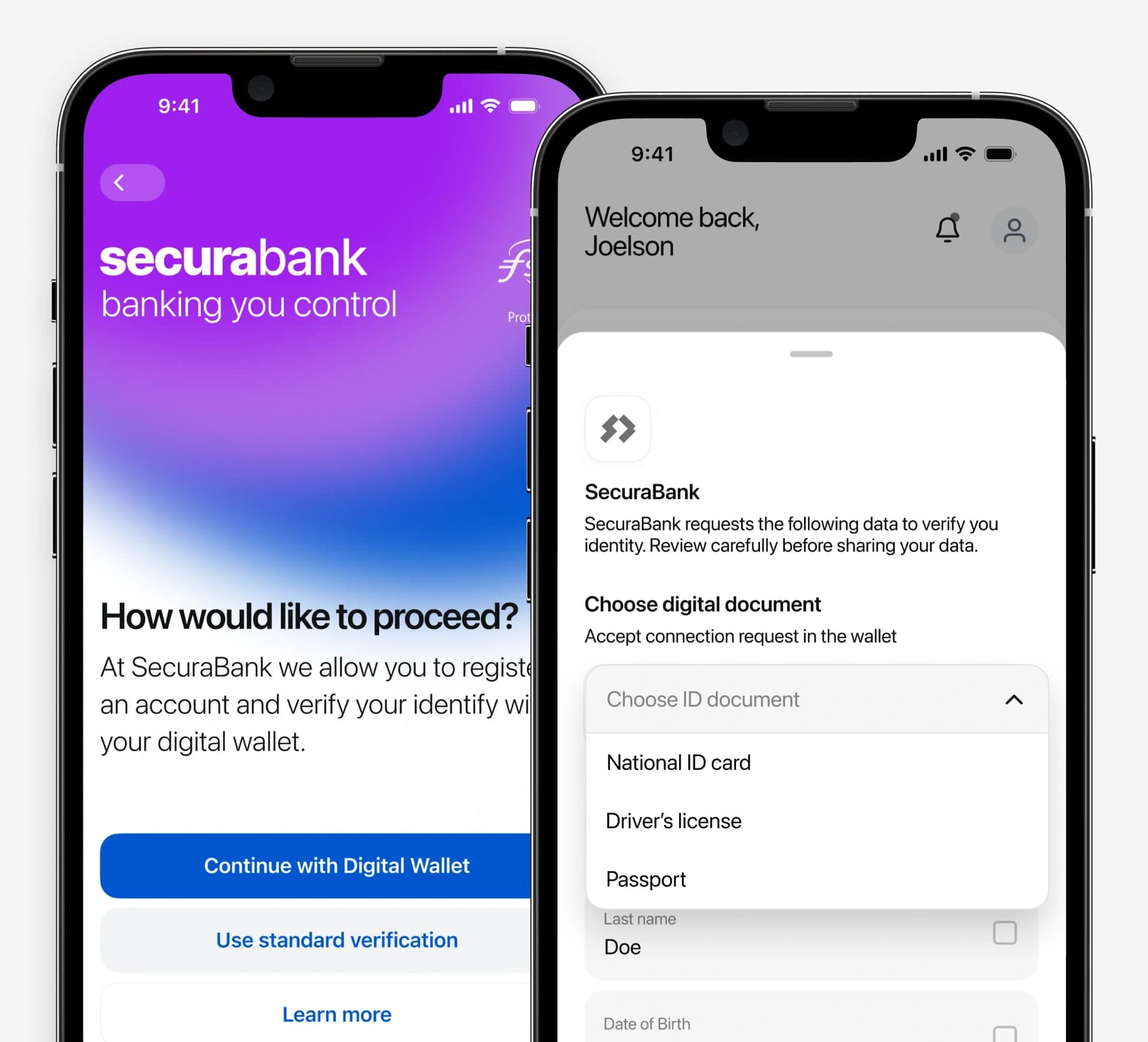 Phone screens from the decentralised identity banking flow