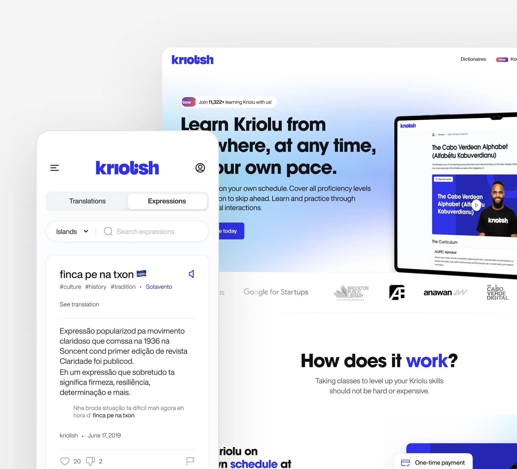The redesigned Kriolish platform on mobile and desktop, showing the dictionary and the course landing page