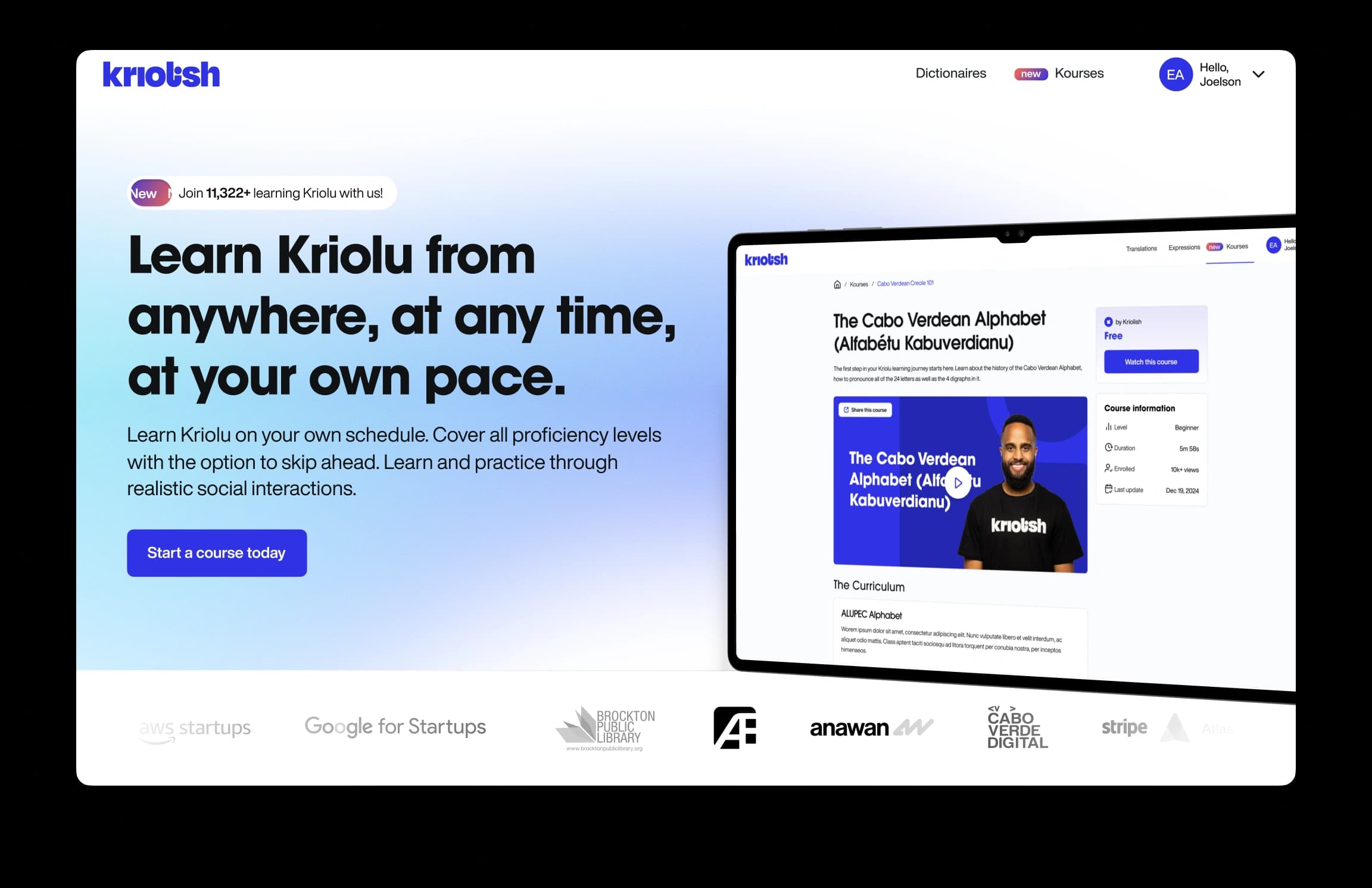 The redesigned Kriolish landing page, headlined 'Learn Kriolu from anywhere, at any time, at your own pace', with a tablet showing a Kourses lesson on the Cabo Verdean alphabet