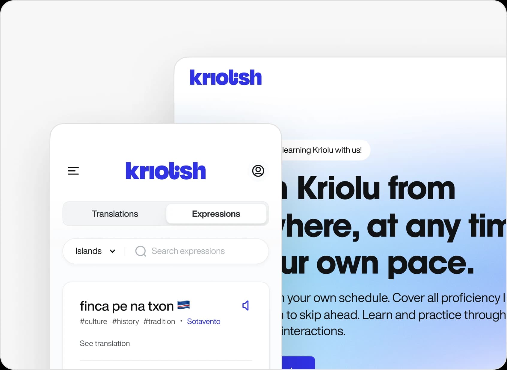 The new Kriolish identity in context: the wordmark and type system on the mobile dictionary and the desktop landing page
