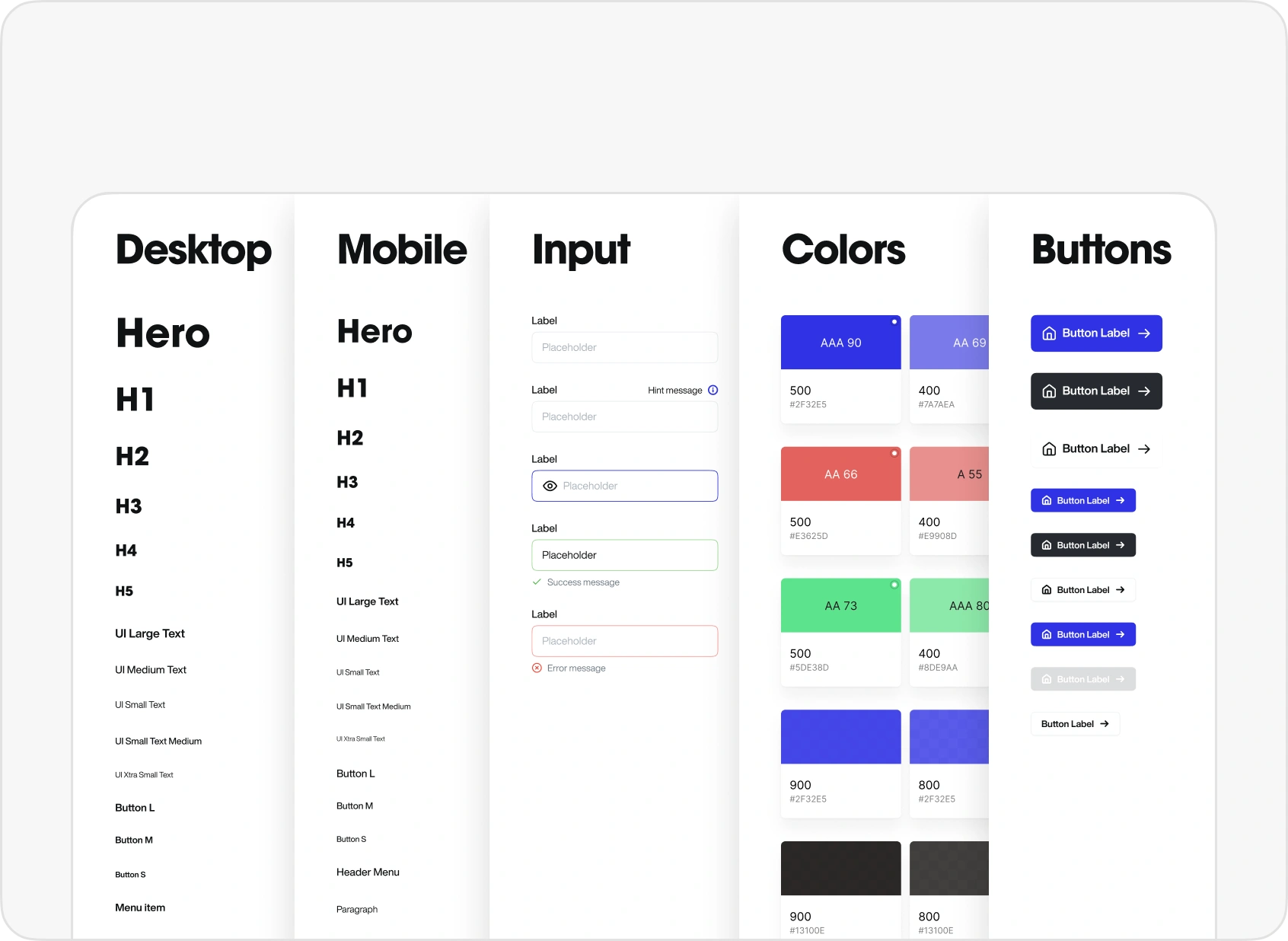 Design system sheets: desktop and mobile type scales, input states from default to error, the color palette with contrast ratings, and the button set