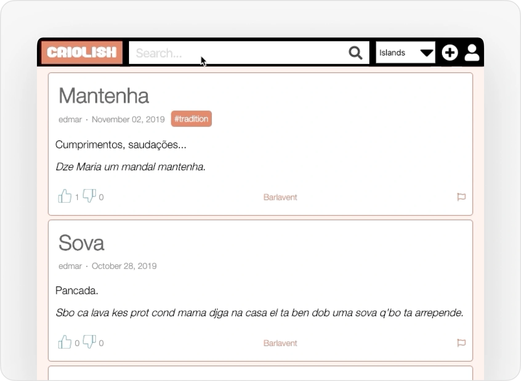 The old Criolish dictionary before the redesign: default-styled expression cards on a pale pink background
