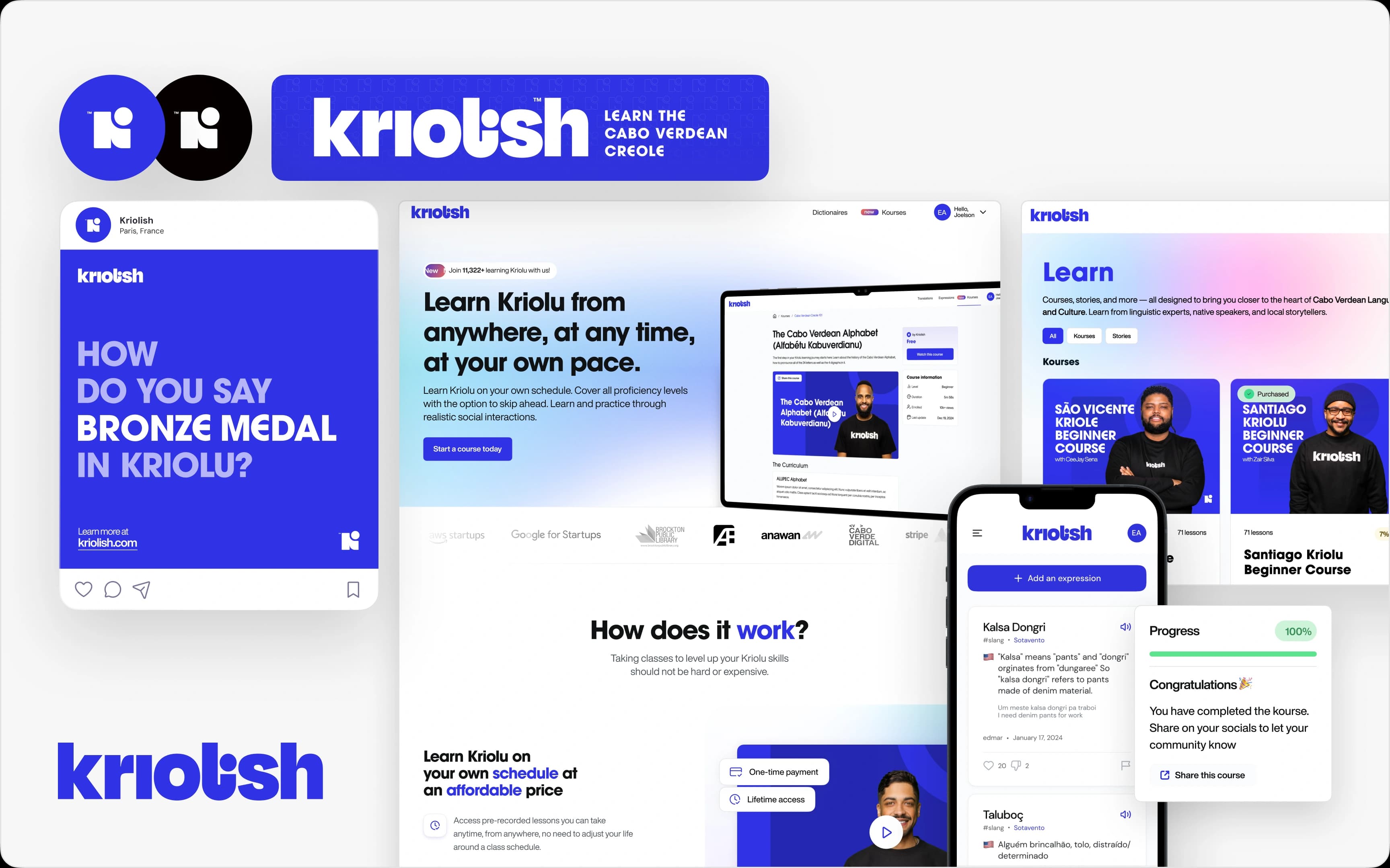 The full Kriolish system in one view: logo marks, social templates, the course landing page, mobile dictionary, and course completion screens