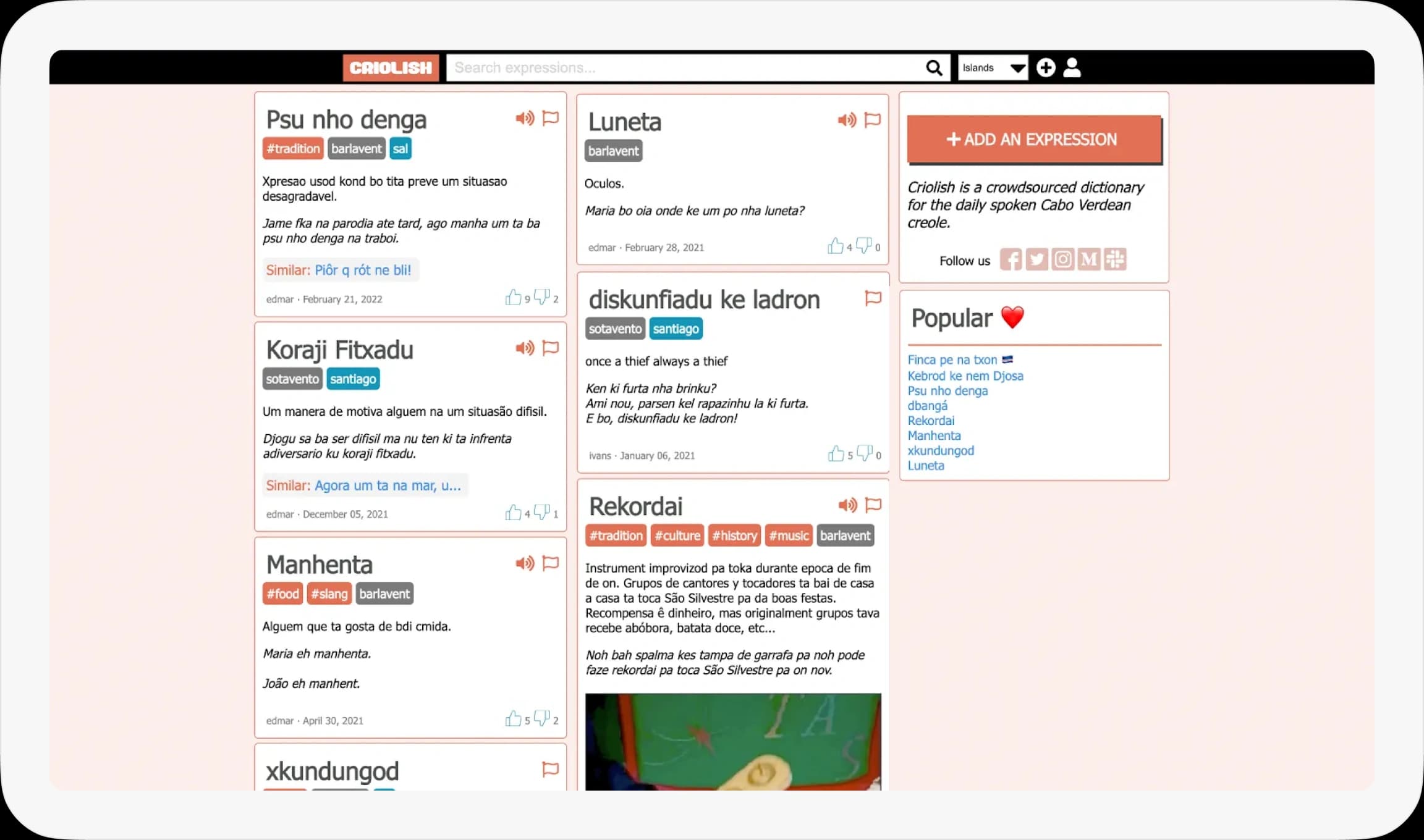 The original Criolish dictionary: a crowded three-column layout of expression cards on a pale pink background, with default-looking form styles and no coherent identity