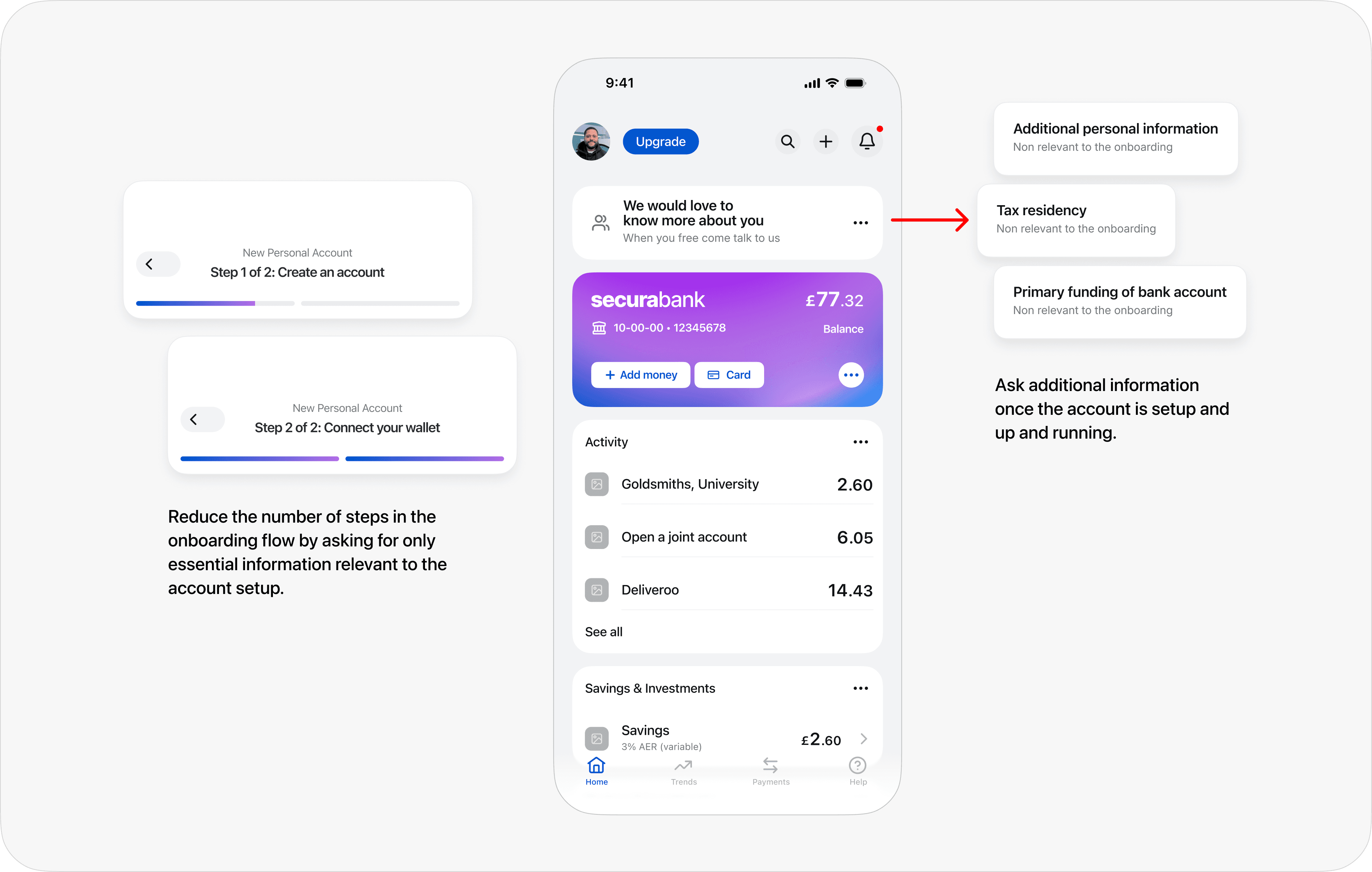 Screens showing progressive disclosure of account setup steps